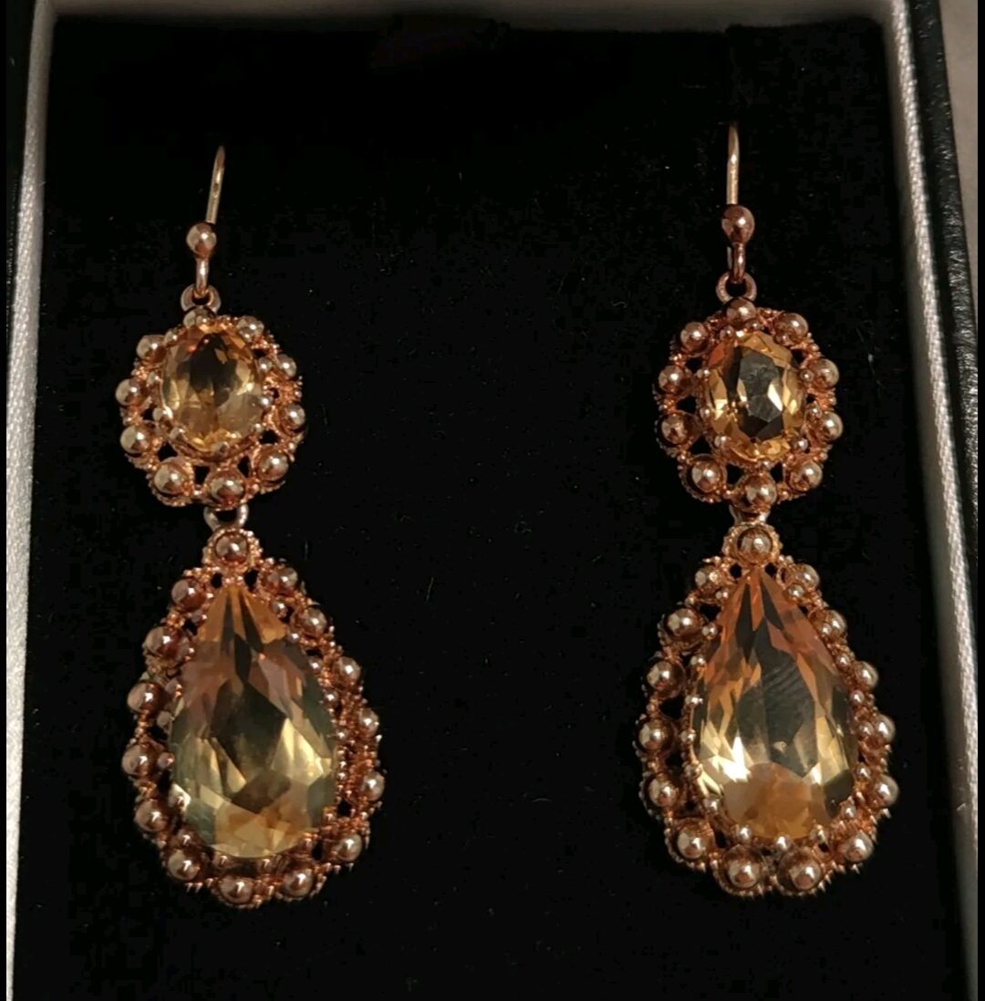 GEORGIAN c1820 15ct GOLD NATURAL CITRINE DOUBLE DROP EAR PENDANTS/ EARRINGS