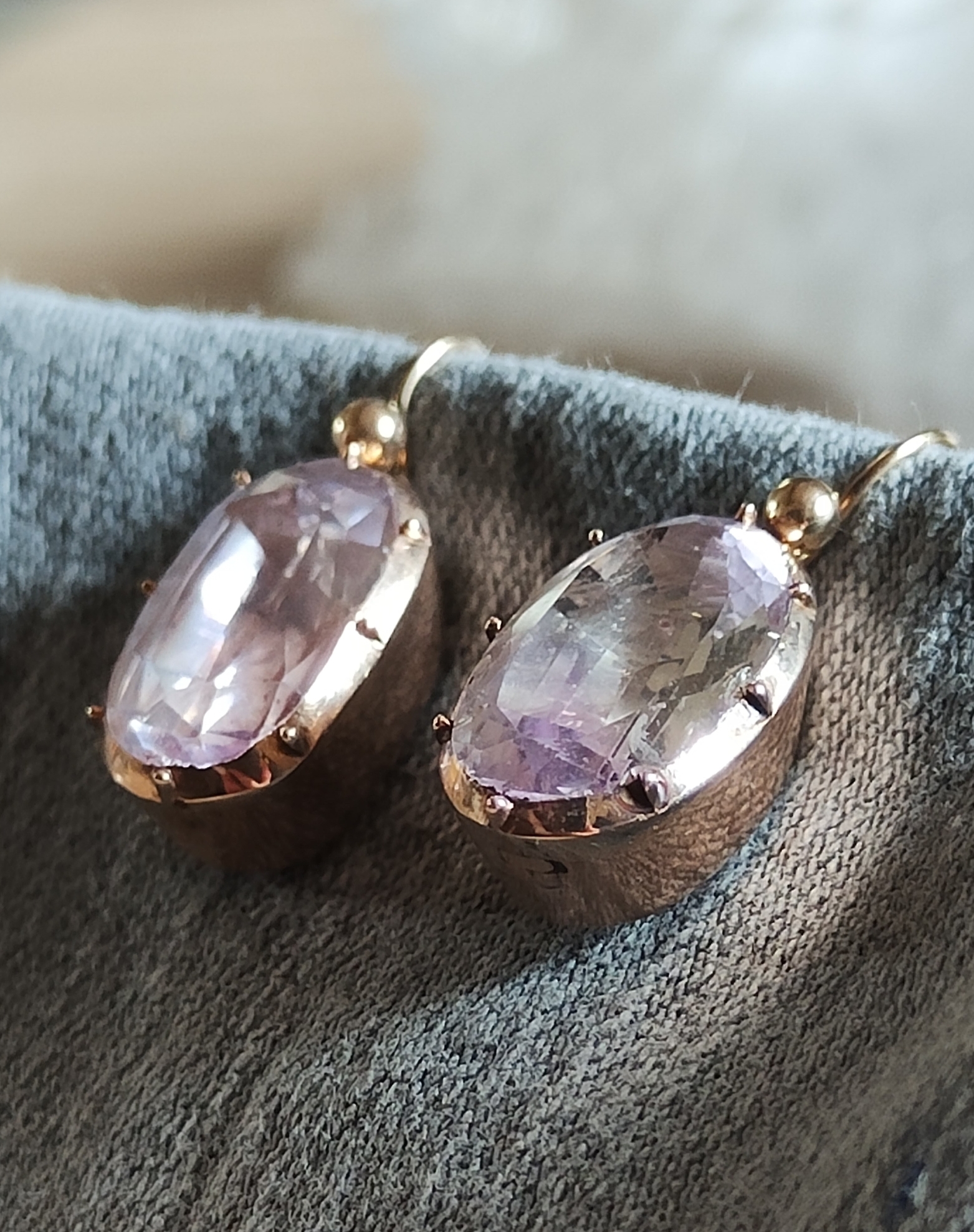 GEORGIAN c1780-90 FOILED PINK AMETHYST & 15ct ROSE GOLD DROP DANGLE DORMEUSE EARRINGS