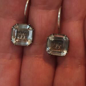 QUEEN ANNE- GEORGE I STUART CRYSTAL CYPHER ON HAIR ROCK CRYSTAL/QUARTZ SILVER EARRINGS MOURNING/MEMORIAL
