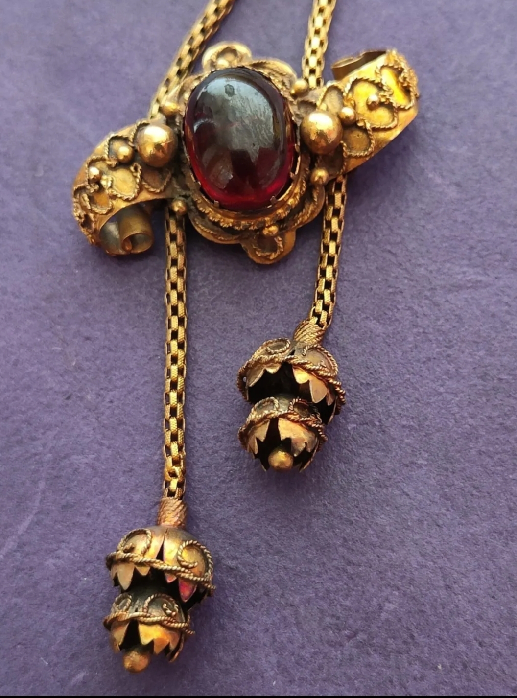 c1860 VICTORIAN 15ct GOLD CABOCHON GARNET EARLY ETRUSCAN REVIVAL TASSELLED SLIDE PENDANT NECKLACE ANTIQUE - Image 6