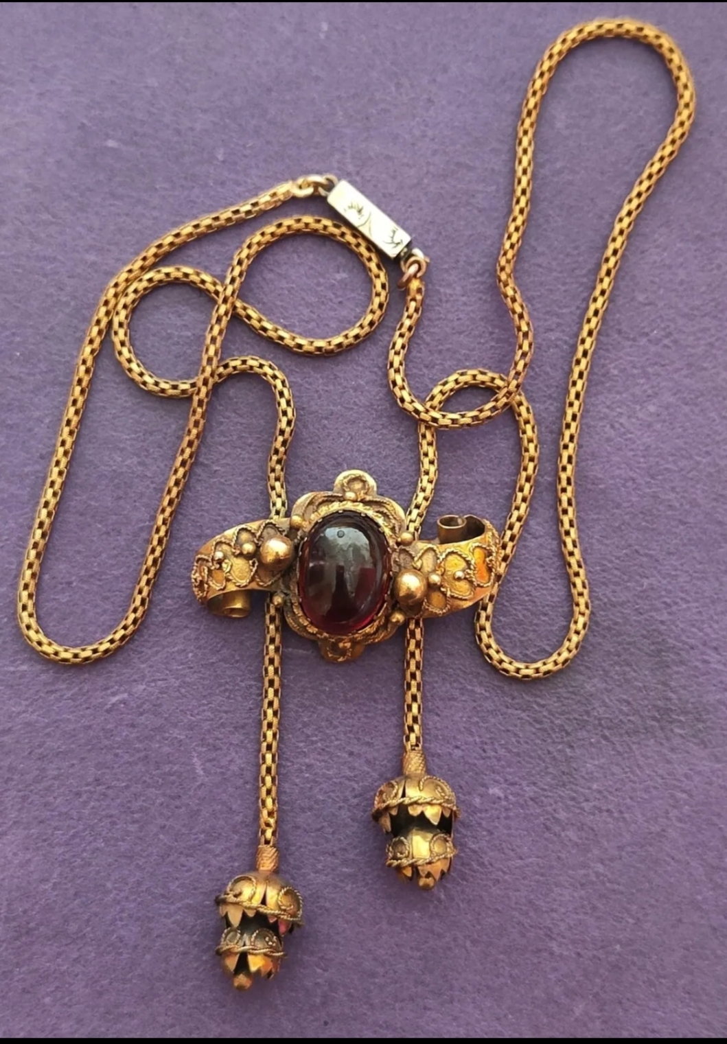 c1860 VICTORIAN 15ct GOLD CABOCHON GARNET EARLY ETRUSCAN REVIVAL TASSELLED SLIDE PENDANT NECKLACE ANTIQUE - Image 2