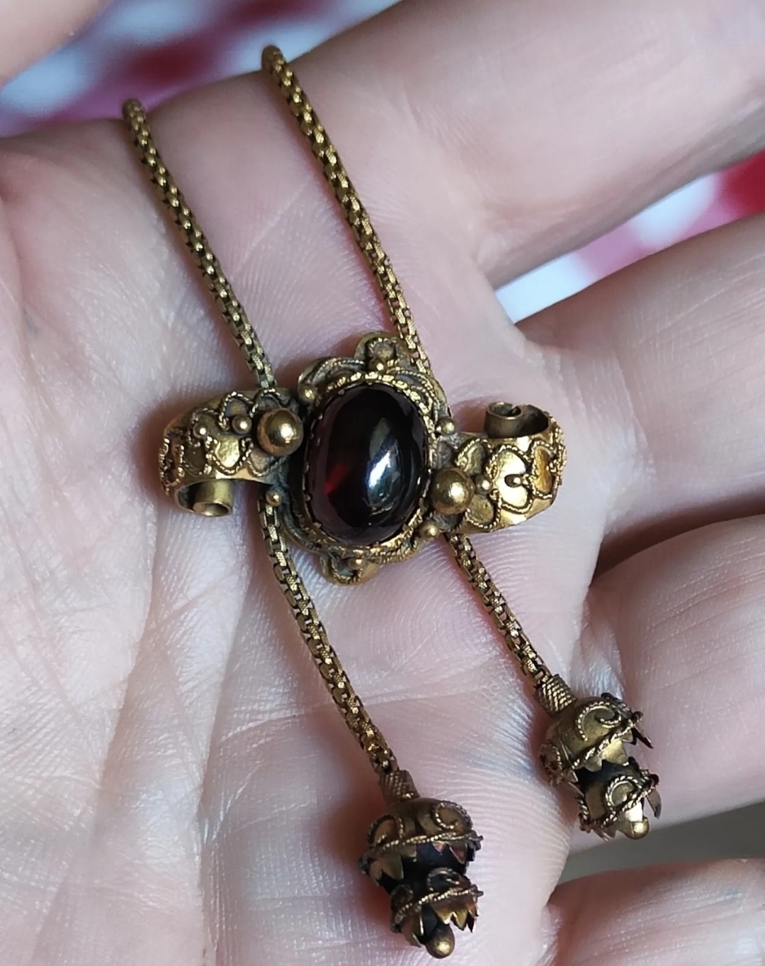 c1860 VICTORIAN 15ct GOLD CABOCHON GARNET EARLY ETRUSCAN REVIVAL TASSELLED SLIDE PENDANT NECKLACE ANTIQUE - Image 8