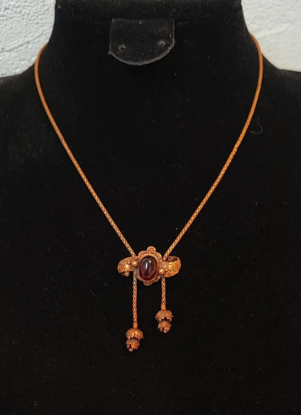 c1860 VICTORIAN 15ct GOLD CABOCHON GARNET EARLY ETRUSCAN REVIVAL TASSELLED SLIDE PENDANT NECKLACE ANTIQUE